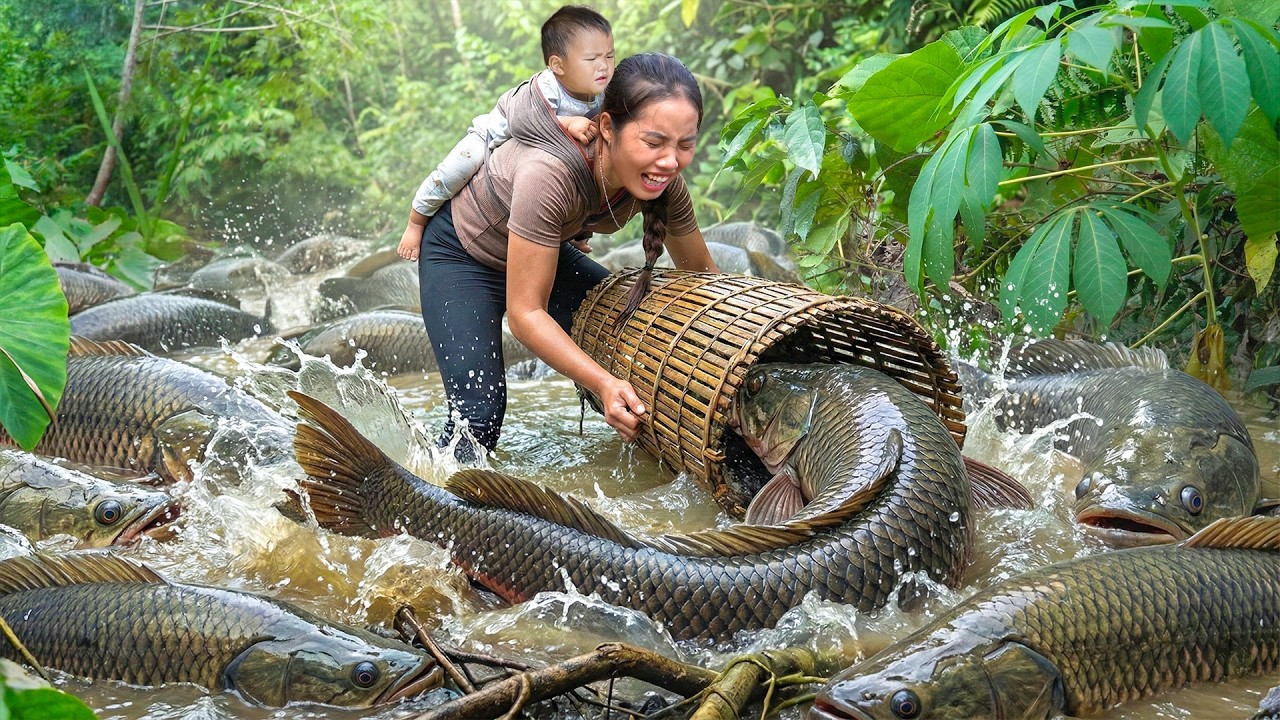 Catching Fish by Hand - Trap Freshwater Fish using Bamboo Basket to Sell at Market with Single mom