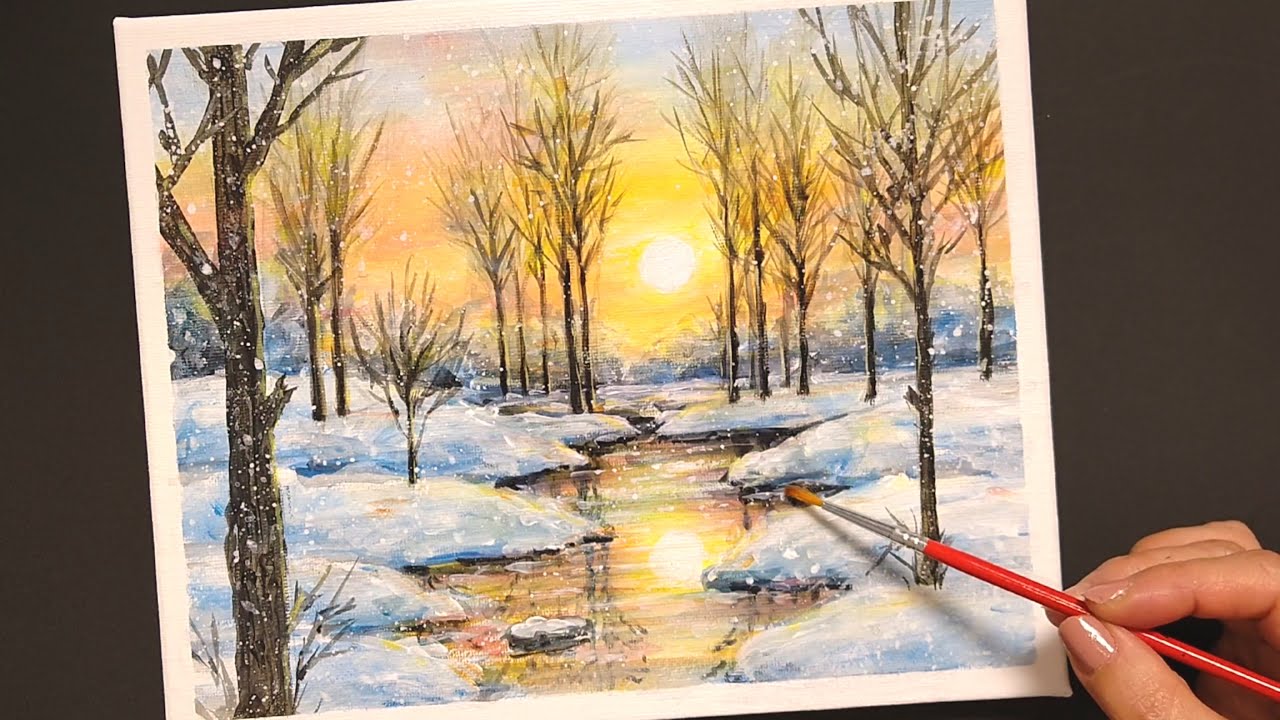 How to draw [Sunset and snow landscape] with acrylic paint