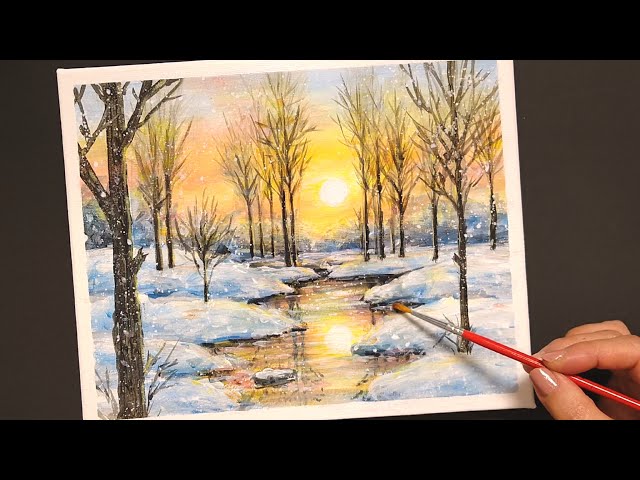 How to draw [Sunset and snow landscape] with acrylic paint