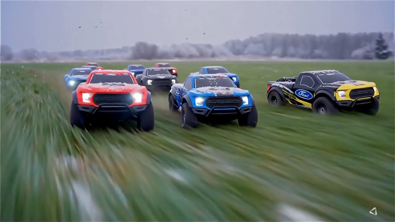 RC Truck Off-Road Rally: Miniature Raptors Racing on Wet Grass