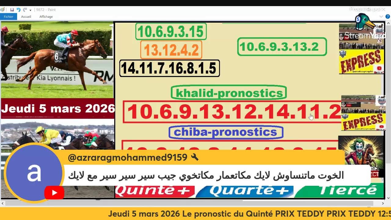 Jeudi 5 mars 2026 khalidpronostics Le pronostic du Quinté PRIX TEDDY 12:55 R1C1 SAINT CLOUD