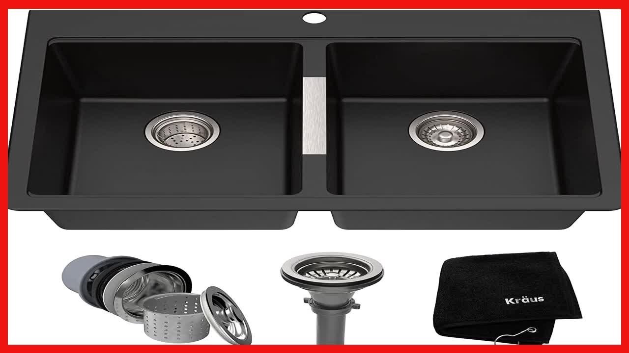 Kraus Quarza Kitchen Sink, 33-Inch Equal Bowls, Black Onyx Granite, KGD-433B model