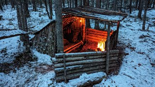 Warm Cozy WINTER BUSHCRAFT SURVIVAL SHELTER  Snow Camping, Campfire Steak and Baked Potato