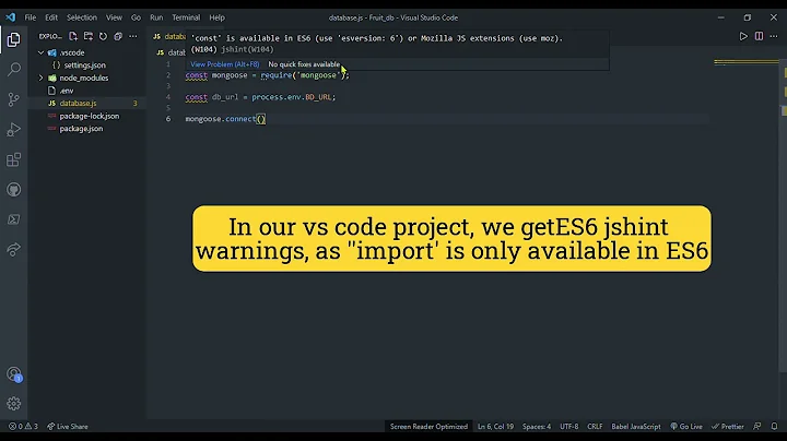 How to resolve jshint es6 support warning in VS Code