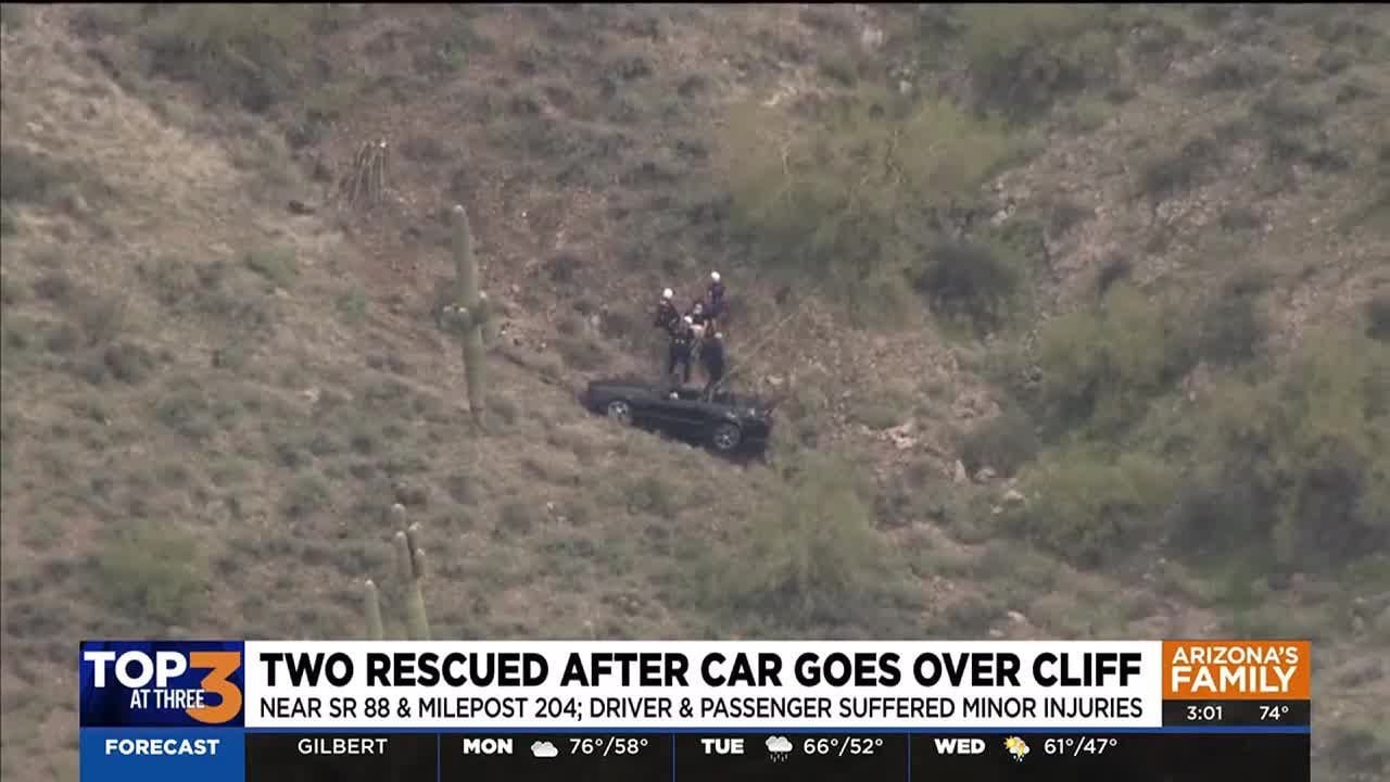2 rescued after car goes over cliff on SR 88 in Pinal County - YouTube