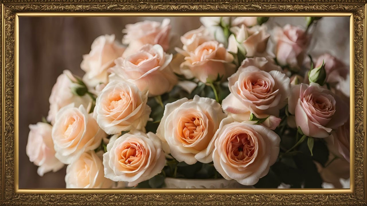 LEGENDARY VINTAGE WHITE ROSES: GOLD FRAME PAINTING TV ART WALLPAPER IN 4K