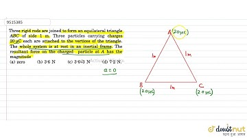 Three rigit rods are joined to form an equilaterla triangle ABC of side 1 m. Three particles car...