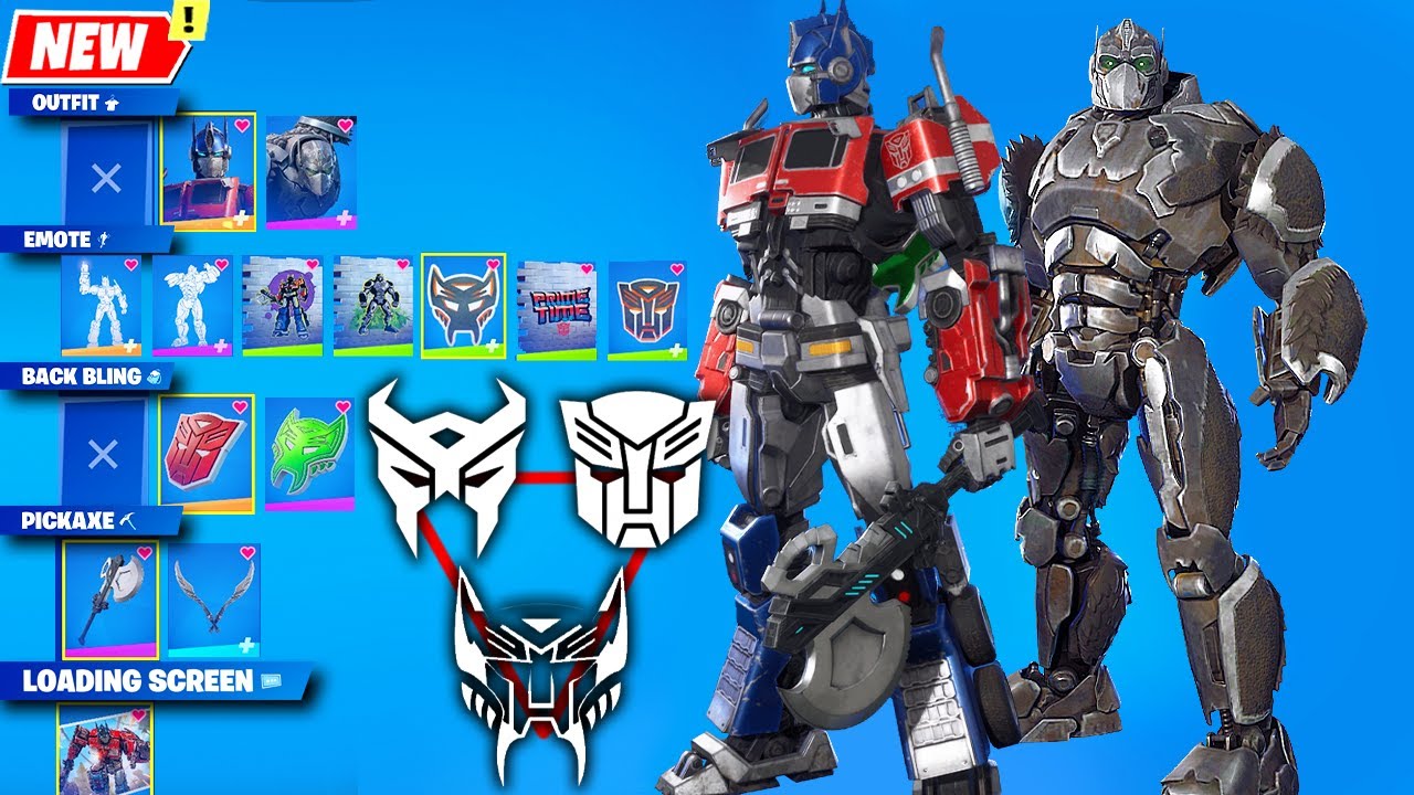 All Transformers Skins Optimus Prime, Optimus Primal, their Emotes, and