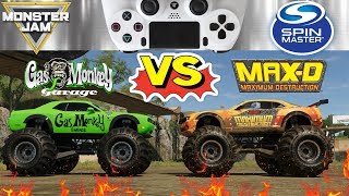 MONSTER JAM MONSTER TRUCKS VIDEO GAME MAX D vs GAS MONKEY GARAGE and Surprise TOY