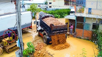 Starting New Landfill!! Moving Flood and dump trucks 5T Soil Filling & Dozer in Actions!!