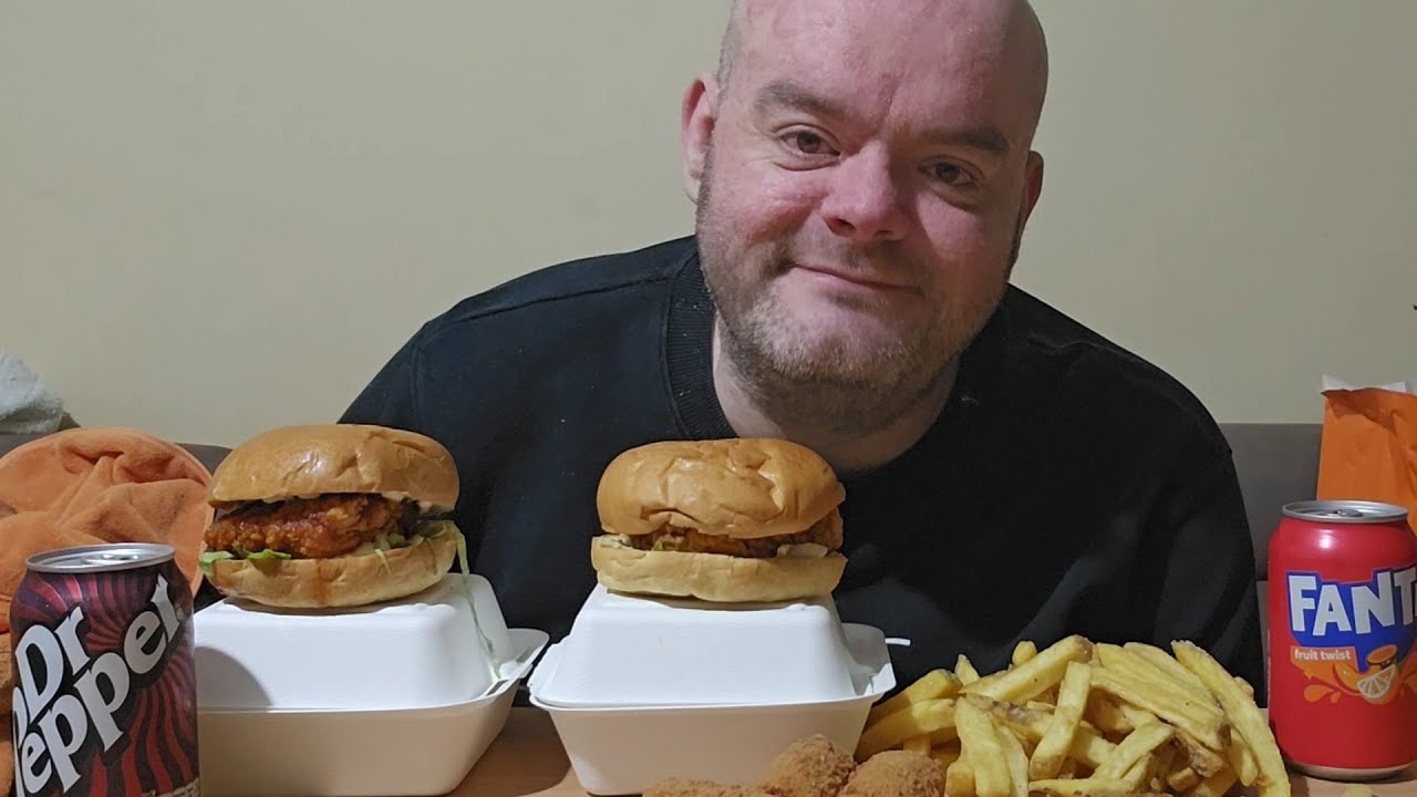 Rudis fried chicken burgers chips and mac and cheese bites uk mukbang 