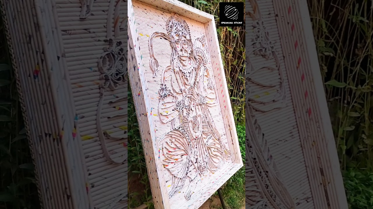 Shadow sculpture of Lord Hanuman made with newspaper sticks, symbolizing devotion and creativity.