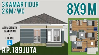 8x9 Meter House Design with 3 Bedrooms and 2 Bathrooms
