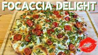 Easy Cheese-Stuffed Focaccia with Flavorful Toppings: Tomatoes, Rosemary & Peppers