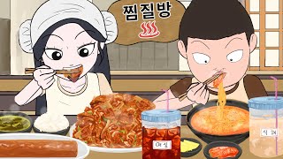 Jjimjilbang Mukbang Animation | Ramen, Spicy Stir-fried Pork
