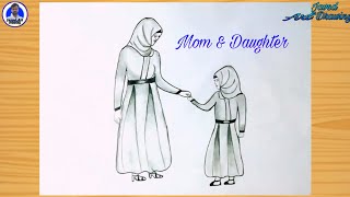 Drawing of mom and daughter in hijab || Mother's day special drawing in same dress
