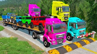 Double Flatbed Trailer Truck vs Speedbumps | Train vs Cars | Tractor vs Train | BeamNG.Drive #28