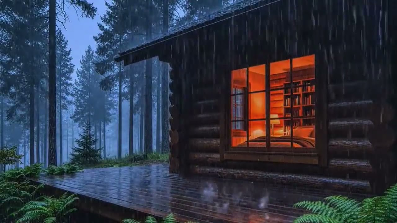Cozy Rainy Night Cabin in Pine Forest - Warm Library Ambience Desktop Wallpaper