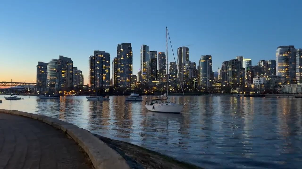 Canada - False Creek Seawall: Walking around Vancouver Skyline | 4K