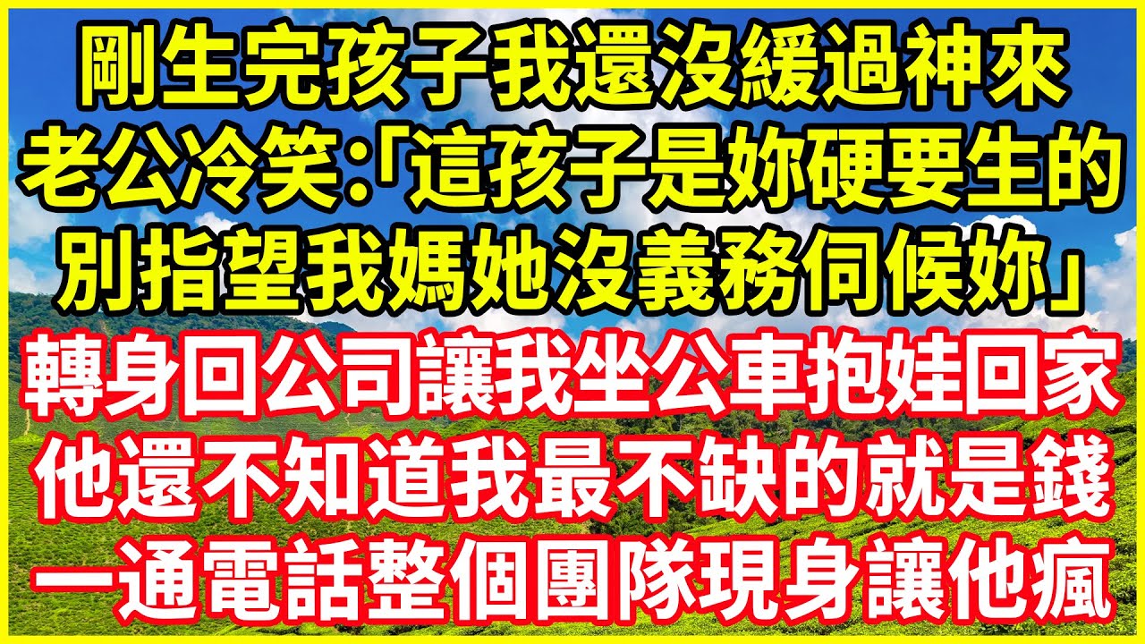 剛生完孩子我還沒緩過神來，老公冷笑：「這孩子是妳硬要生的，別指望我媽她沒義務伺候妳！」轉身回公司讓我坐公車抱娃回家，他還不知道我最不缺的就是錢，一通電話整個團隊現身讓他瘋！#情感故事 #深夜淺談