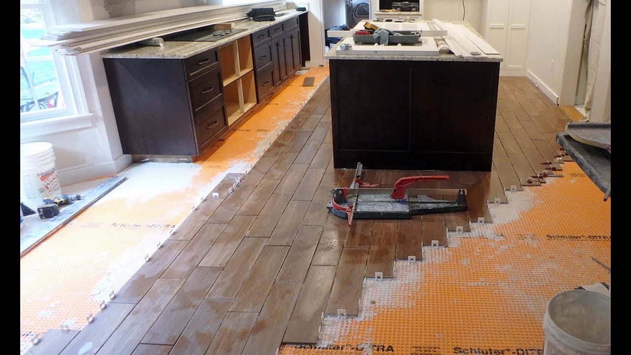 How To Install Floor Tile Around A Kitchen Island With Wood Look Plank Tile YouTube