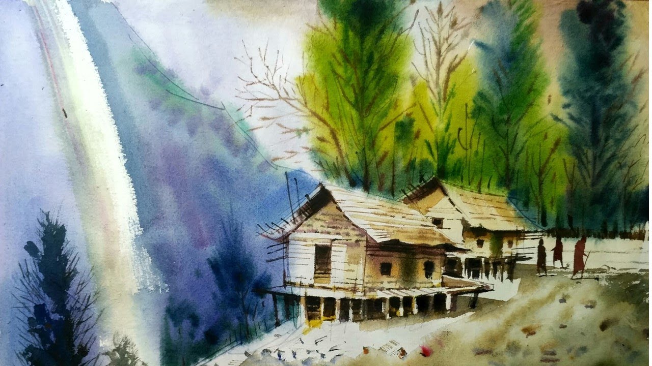 Drawing a beautiful waterfall side tribal house| Drawing tutorial | Water color drawing