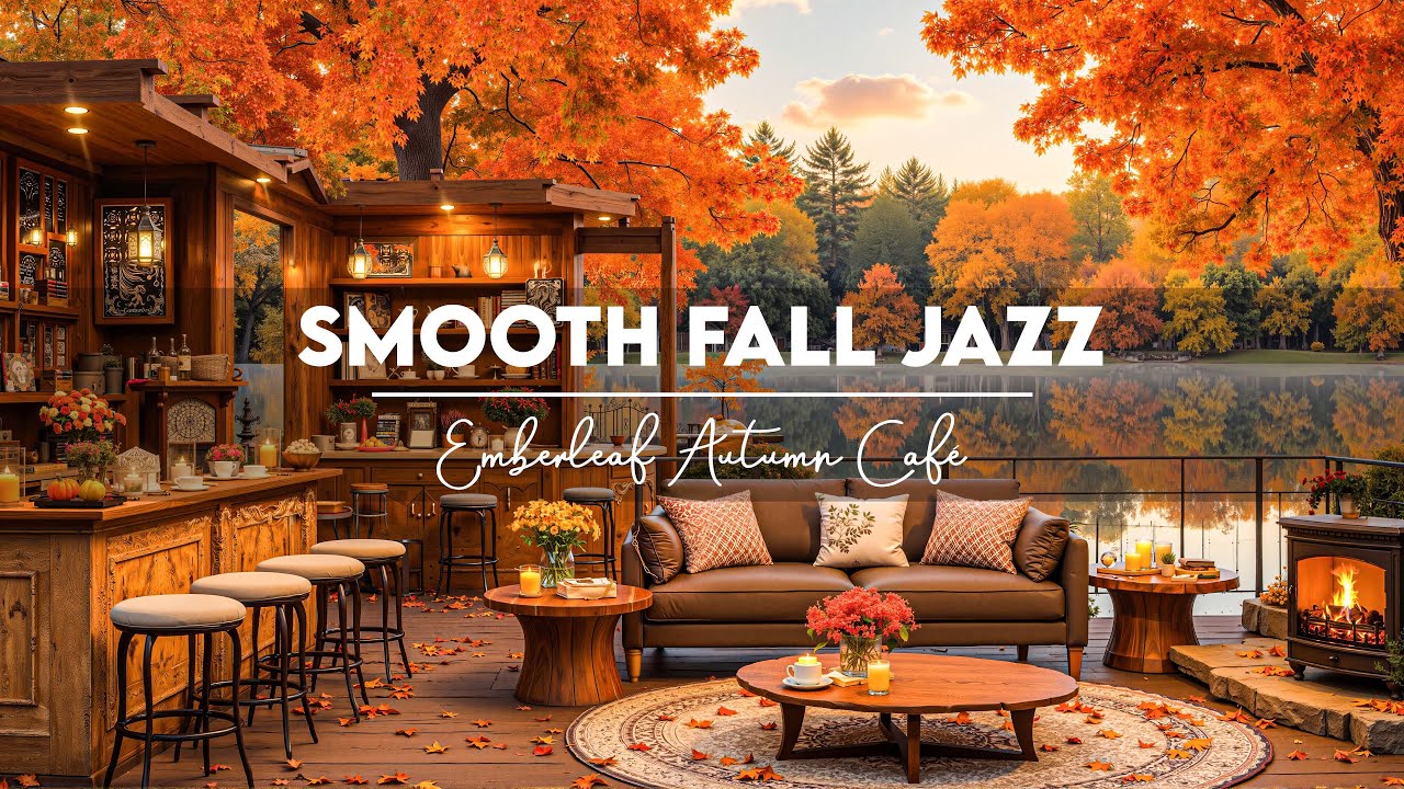 Soft Autumn Jazz Music at an Outdoor Coffee Shop 🍂 Relaxing Jazz & Cozy Crackling Fireplace Ambience