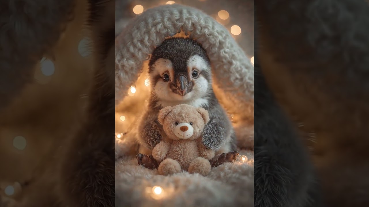 Baby Penguin Hugging a Teddy Bear Before Sleep