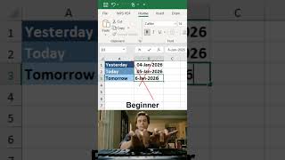Get today, yesterday and tomorrow’s date in excel 😱 #excel #office #spreadsheet