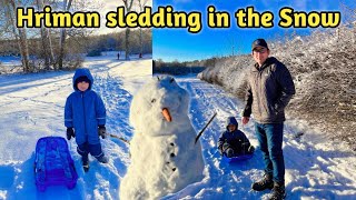 Hriman sledding in the snow | Winter outdoor snow activity | Snow sledding for kids | Sweden