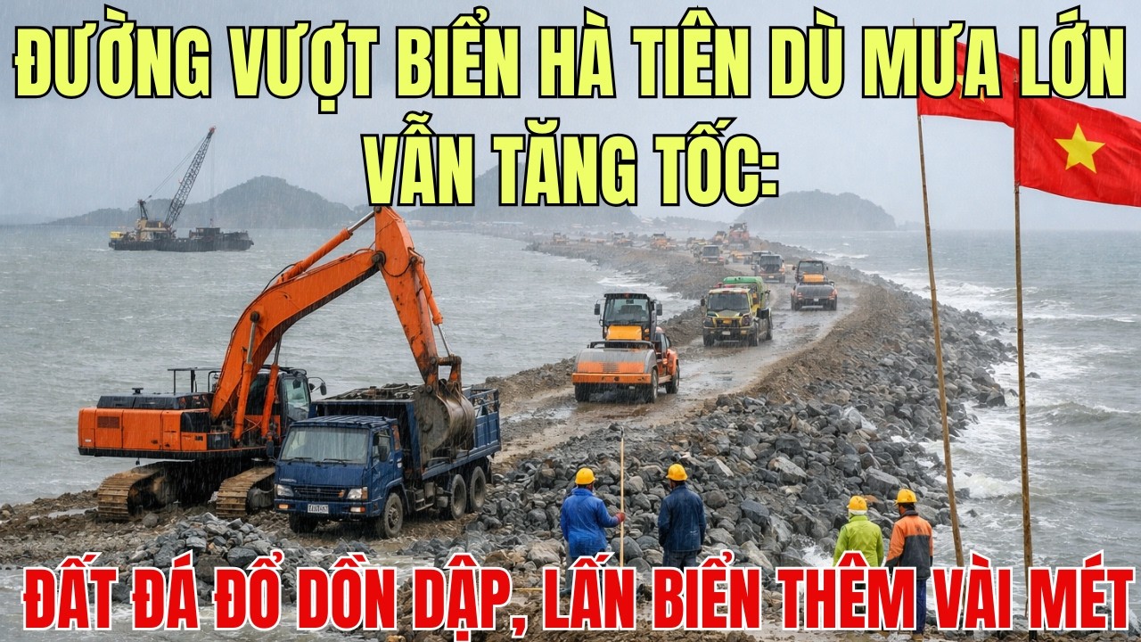 Đường Vượt Biển Hà Tiên Dù Mưa Lớn Vẫn Tăng Tốc: Đất Đá Đổ Dồn Dập, Lấn Biển Thêm Vài Mét