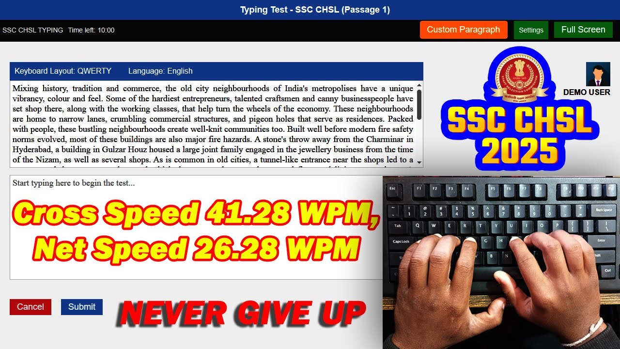 SSC CHSL Typing Practice or Test Day- 01 | 26.28 WPM with 63.66% ...