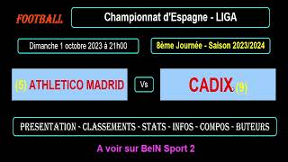 ATHLETICO MADRID - CADIX : match de football de la 8ème journée de Liga - Saison 2023-2024