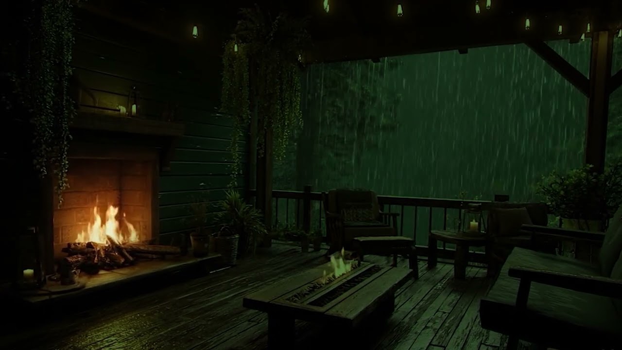 Cabin Balcony in a Midnight Rainstorm – Thunder and Heavy Rain Sounds for Deep Sleep All Night