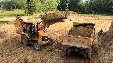 JCB Backhoe Loader Working Video - JCB Loading Soil Into Tipper Dump