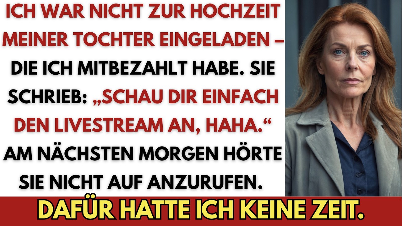 Meine Tochter hat mich per E-Mail von ihrer Hochzeit ausgeladen. Ich stand in der Küche, die Kaffeetasse in der Hand, als ich las: „Du kannst von zu Hause aus zuschauen. Es wird sein, als wärst du...