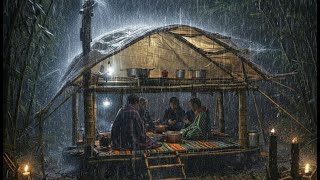CAMPING IN HEAVY RAIN AND LIGHTNING STORMS // STRUGGLE TO BUILD A BAMBOO HOUSE IN THE RAIN