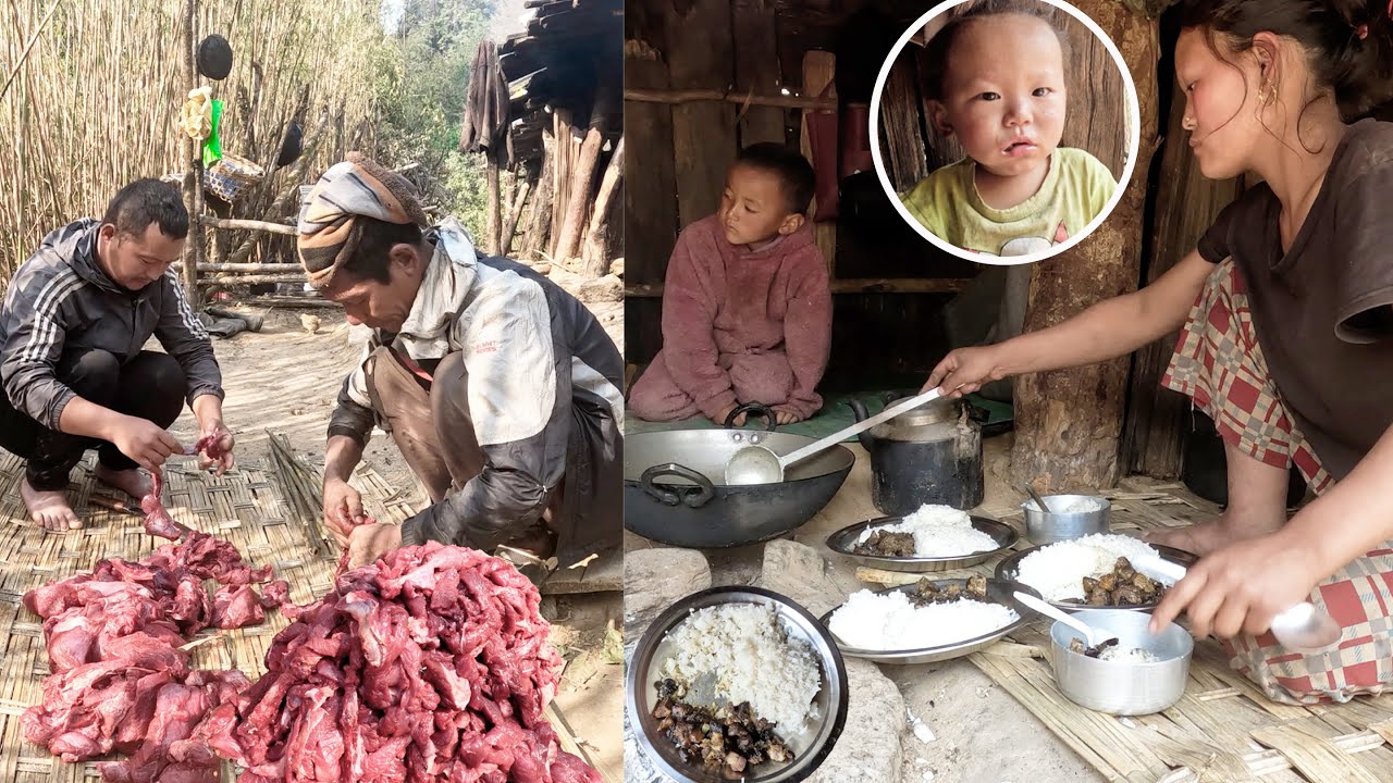 Buff Rice Person Rojan JK making buff dry meat || Rita cooking buff curry rice & eating ...