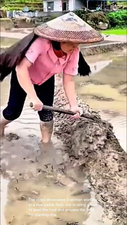 Rice paddy preparation: woman leveling mud in rice paddy field with tool for rice cultivation