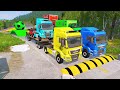 Double flatbed trailer truck vs speedbumps train vs cars  tractor vs train beamngdrive 019