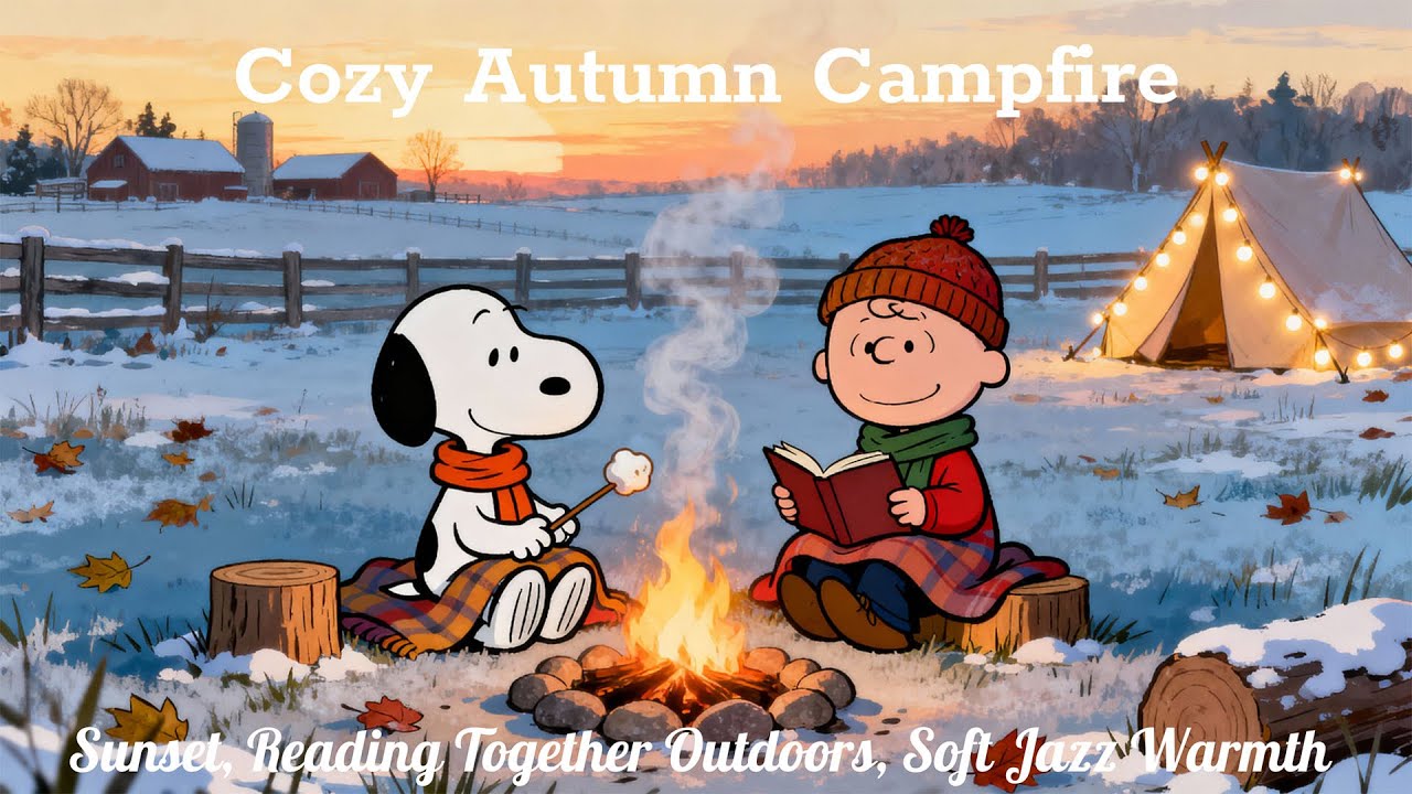 Зимний вечер у костра со Снупи и Чарли Брауном – уютное чтение, ненавязчивый джаз, золотой закат.