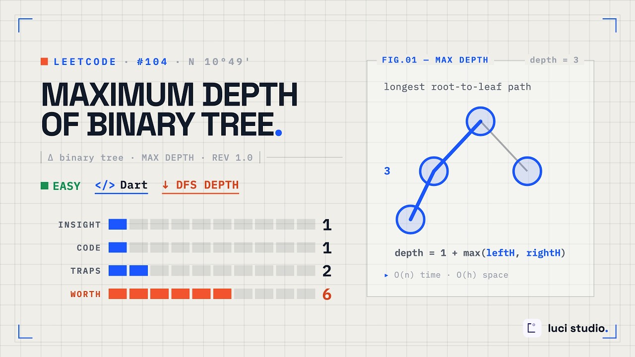 LeetCode 104. Maximum Depth of Binary Tree in Dart — O(n)
