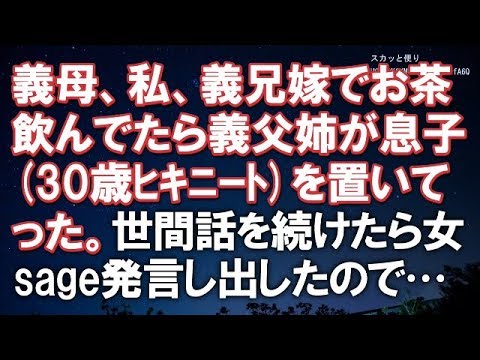 【スカッとする話】義母、私、義兄嫁でお茶飲んでたら義父姉が息子(30歳ﾋｷﾆｰﾄ)を置いてった。そのまま世間話を続けたら女sage発言を言い出したので…　　→結果ｗｗ【スカッと便り】