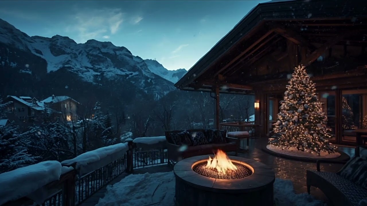 Cozy Romantic Mountain Chalet at Night ❄️ Crackling Fire Ambience | Snowfall & Winter Vibes