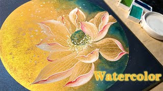 Painting watercolor lotus on golden paper