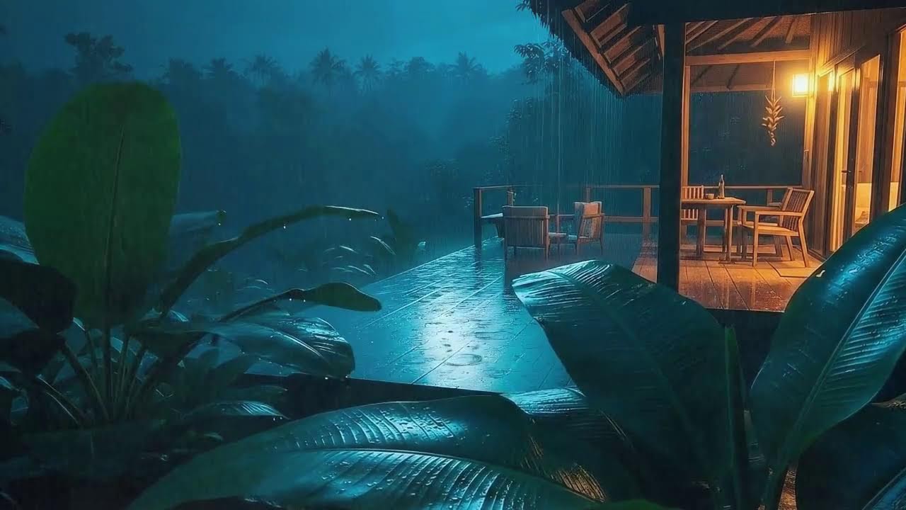 Sleep Faster with Light Rain and Distant Thunder Murmur at Wooden Cabin Terrace 🌧️