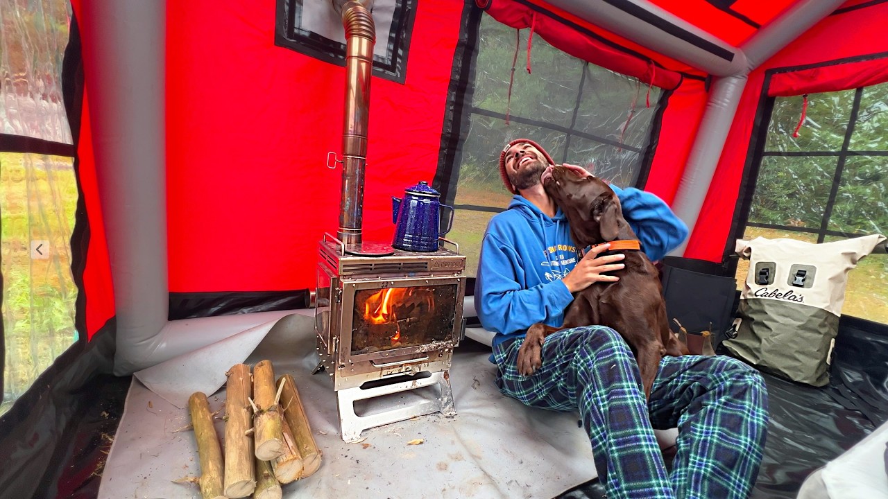 Cozy Autumn Camping In Inflatable Cabin W/ Wood Burning Stove For Heat ...