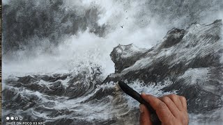 Seascape design with charcoal☘️Sea waves and rocks in this beautiful landscape drawing