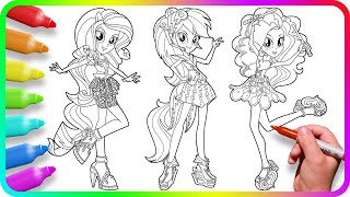 Coloring Pages EQUESTRIA GIRLS - Rainbow Rocks / How to color My Little Pony. Easy Drawing Tutorial