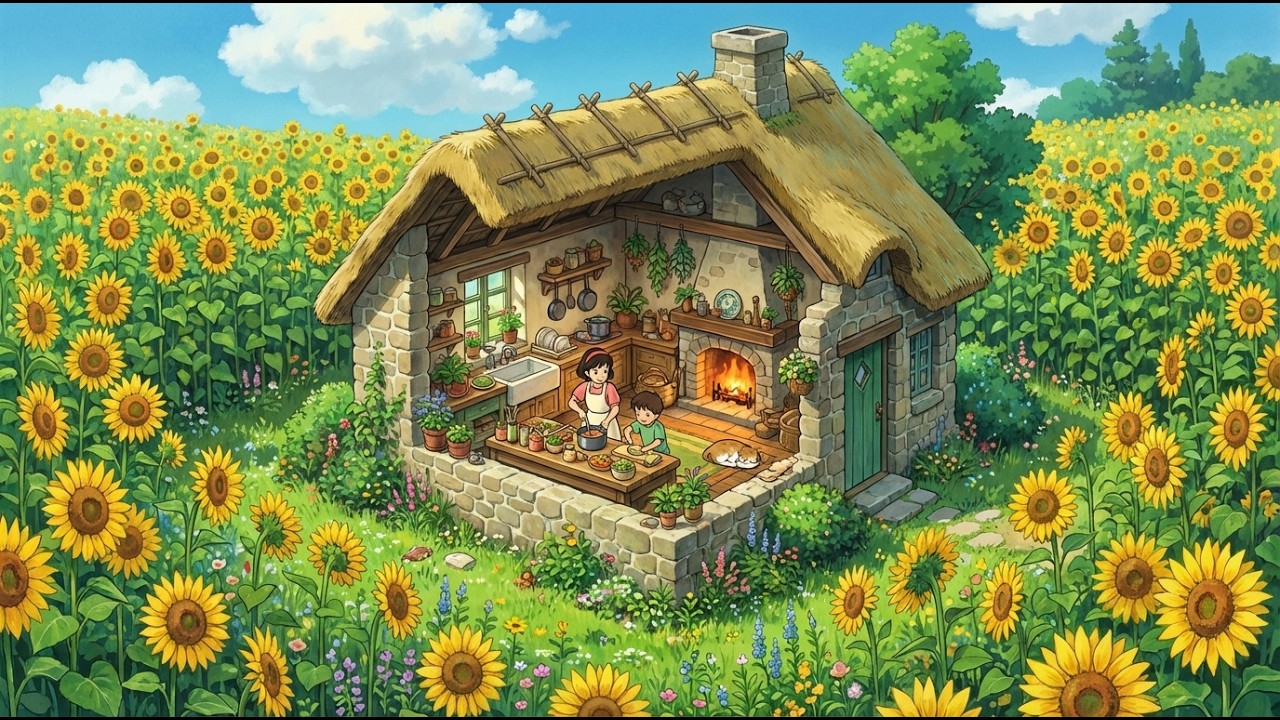A Quiet Day in the Countryside: Harvesting Sunflowers 🌻 & Cooking Homemade Crackers | Ghibli Style
